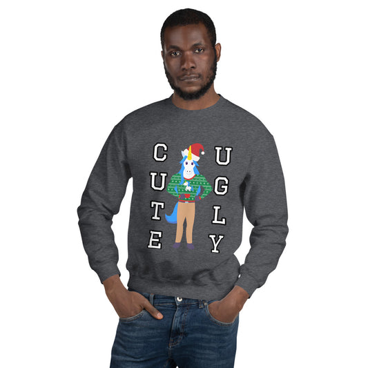 Cute Ugly Unicorn Wearing a Cute Ugly Unicorn Christmas Sweatshirt by #unicorntrends